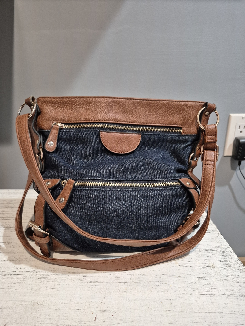 Women’s Crossbody/Shoulder Bag in Dark Blue Denim and Brown Faux Leather - Picture 2 of 12